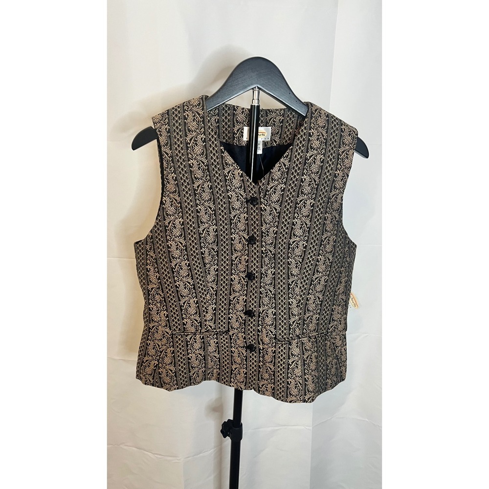 Talbots Petites Tapestry Vest Black Tan Geometric Floral Button Front Size 4P